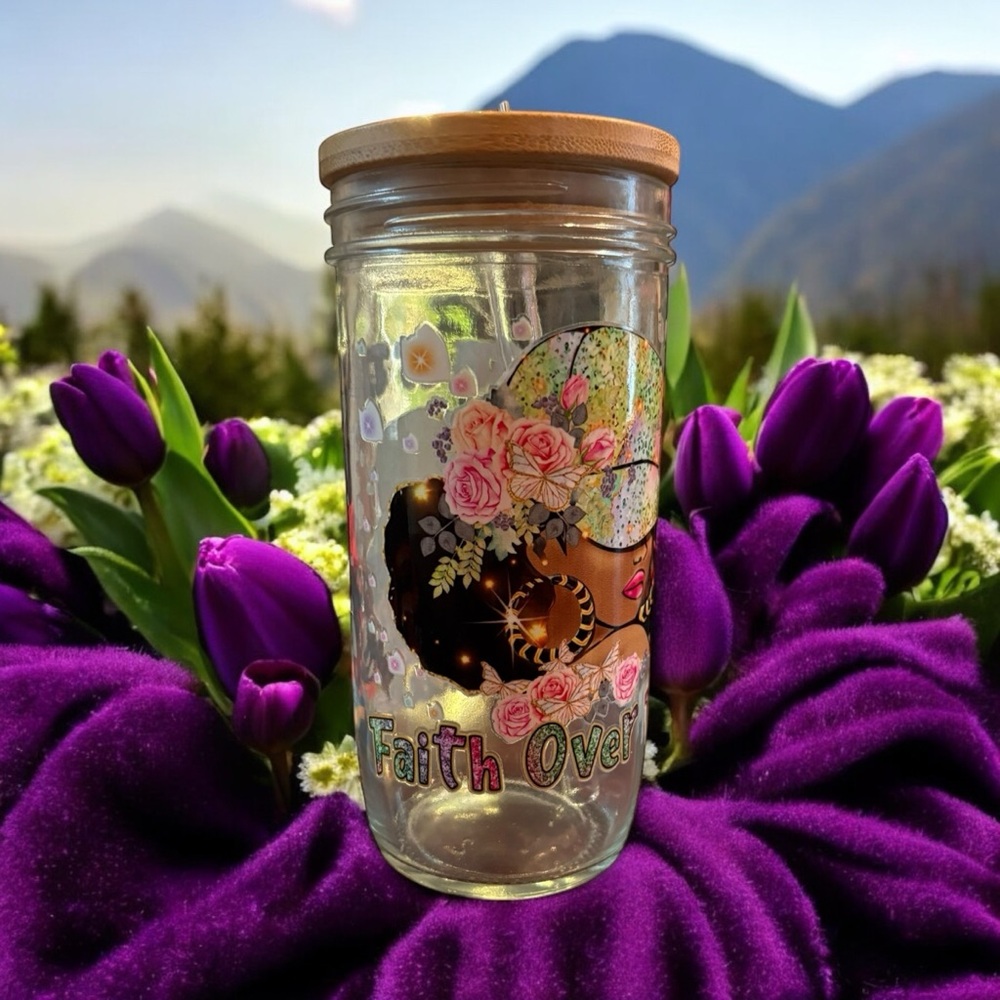 Floral Glass Water Bottle with Bamboo Lid